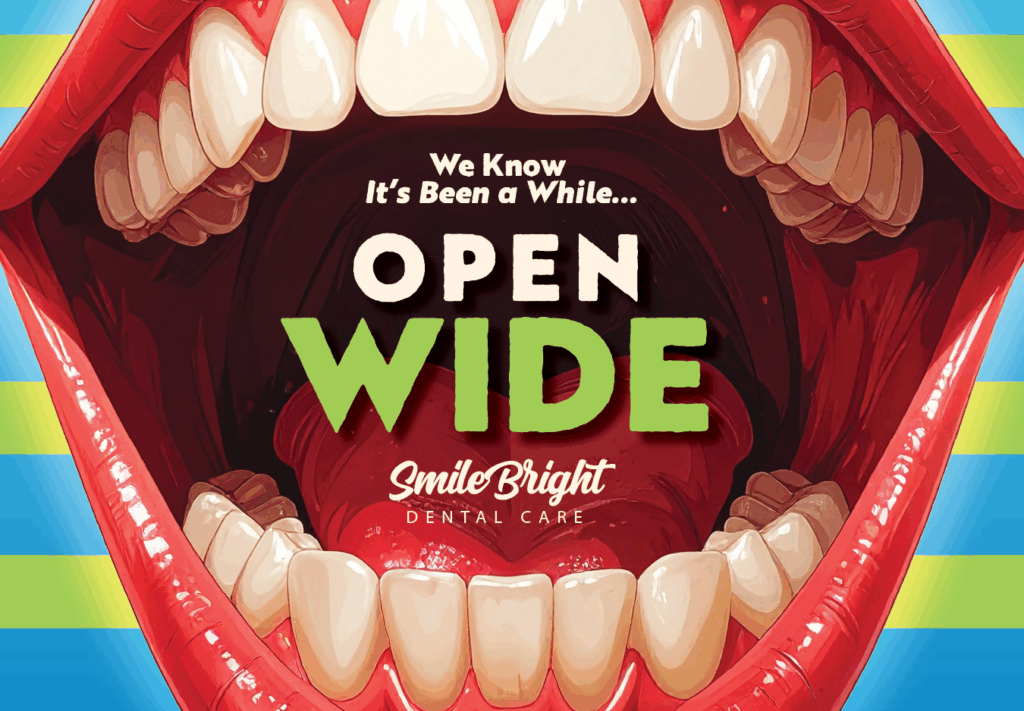 Front side design of an advertising postcard for a dental office - Smile Bright Dental Care
