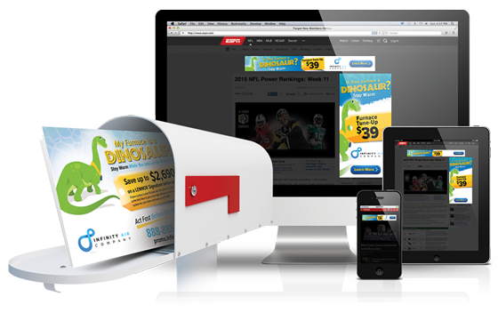 Mail box with a direct mail postcard in front of a computer and a phone screen showing a similar advertisement