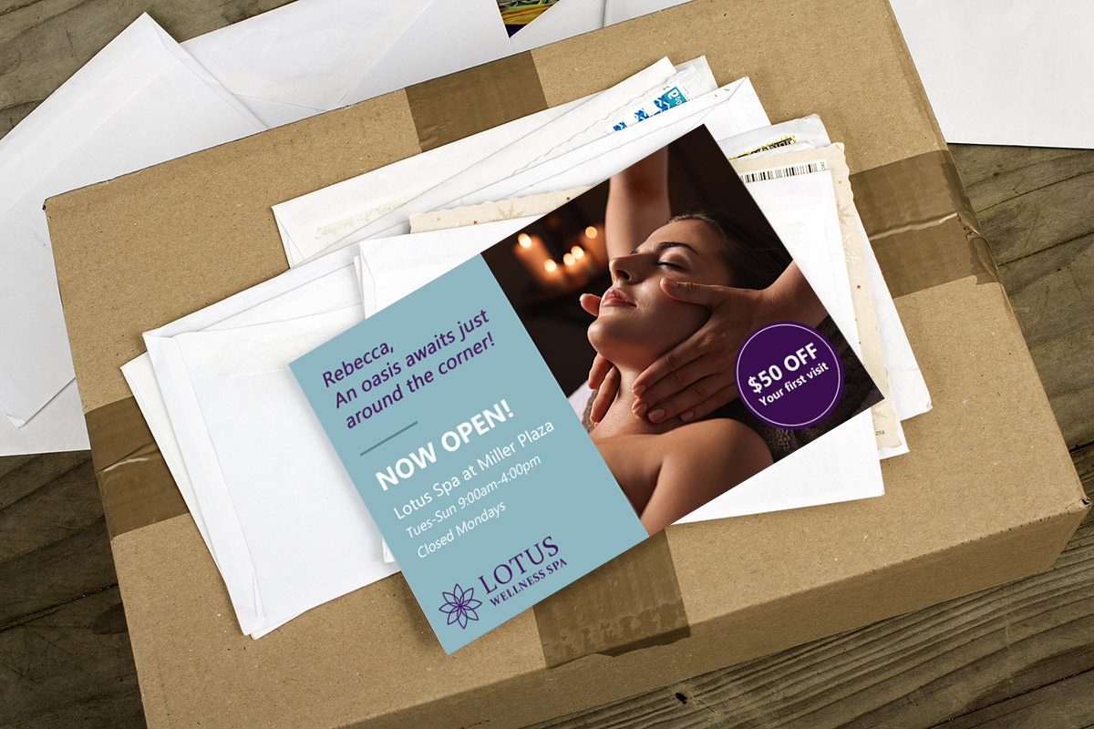 Postcard for a massage company as an example of how direct mail can work for a brand