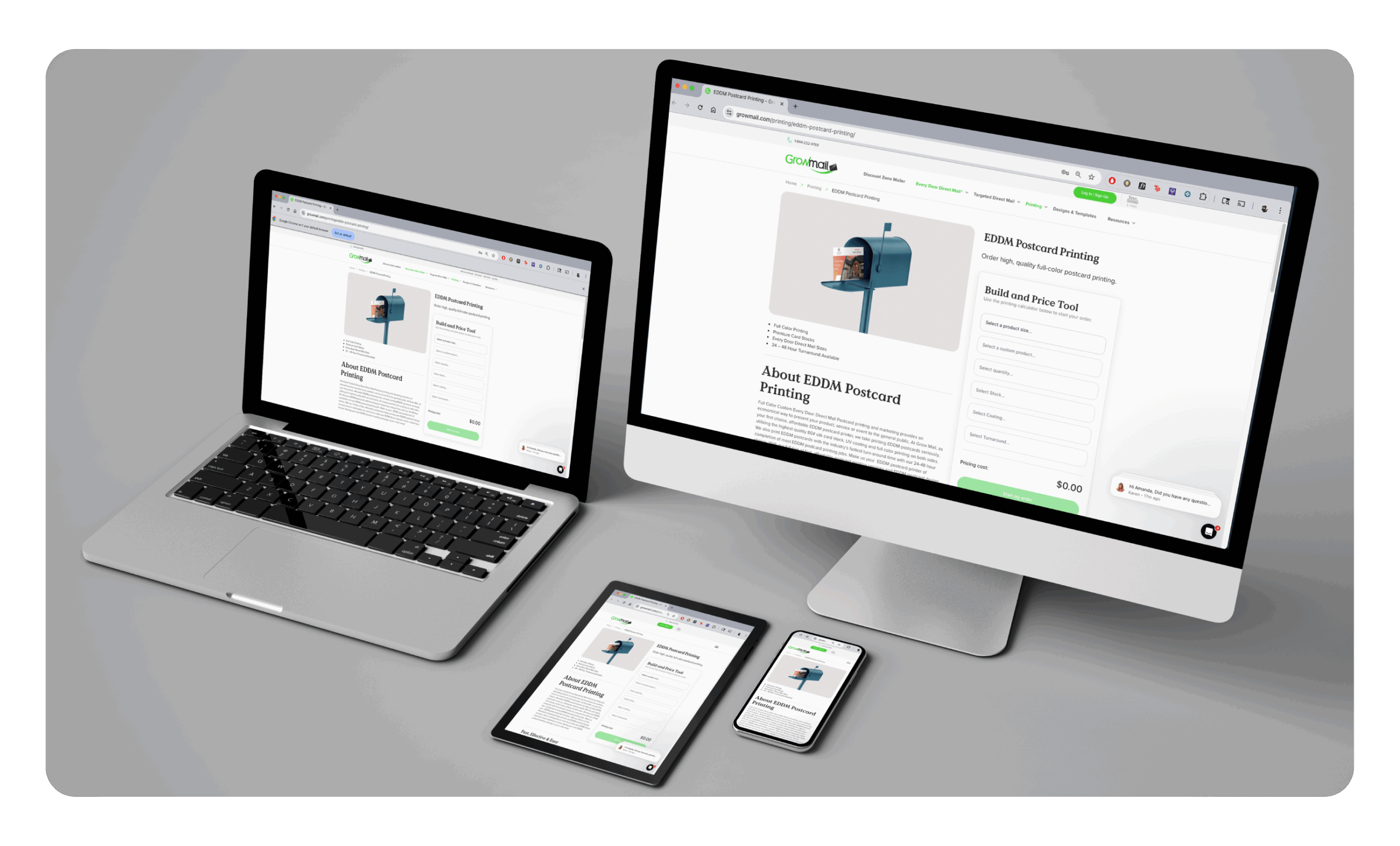 Different devices showing the Growmail.com website on the screen