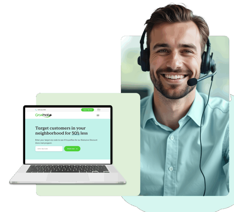 Guy with headphones and a laptop with the Growmail website on the screen - for the Contact Us page on Growmail.com