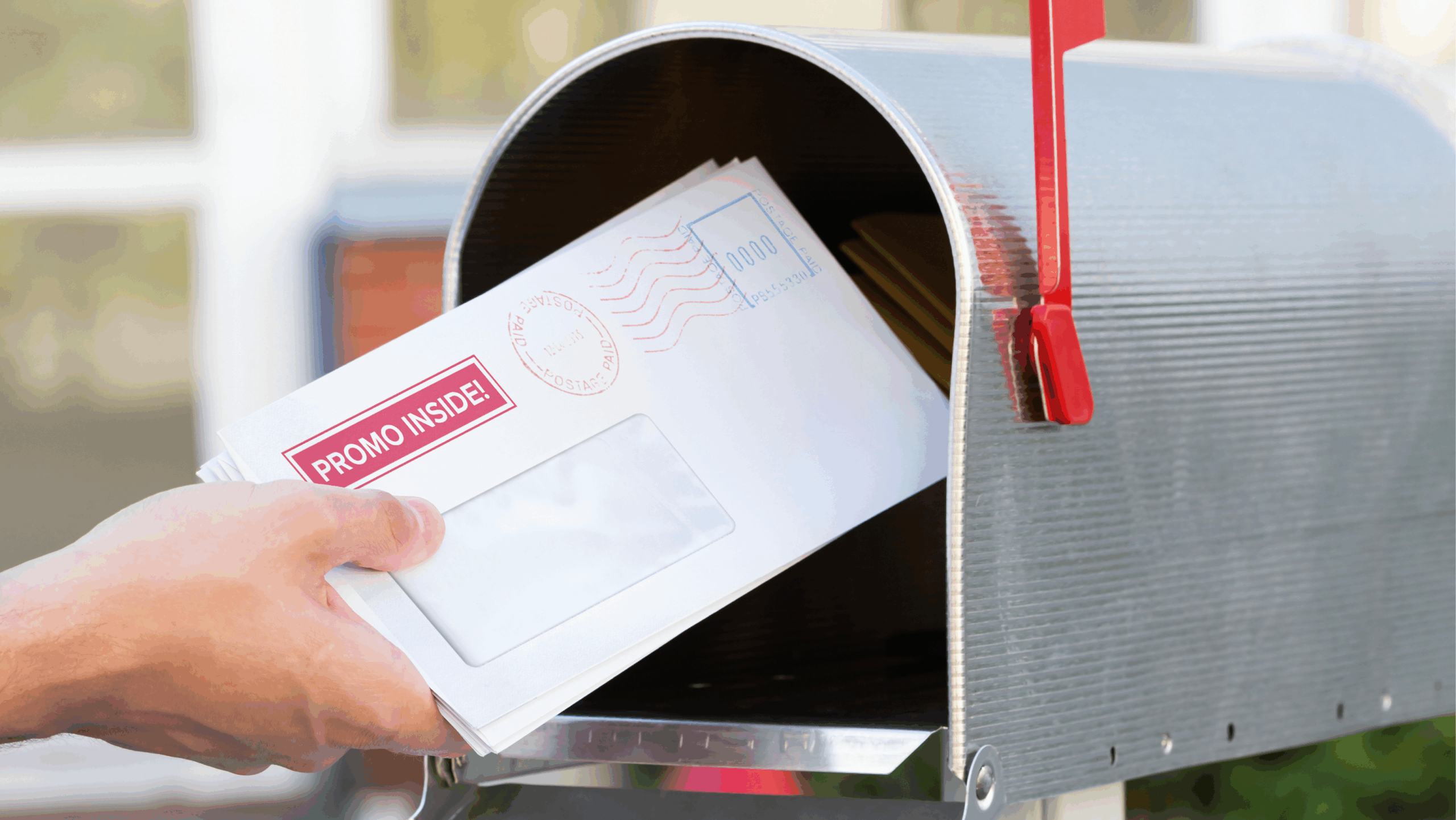 Hand pulling promotional mail out of a mailbox to show how discounts can appear in someone's mailbox with a Discount Zone campaign from Growmail