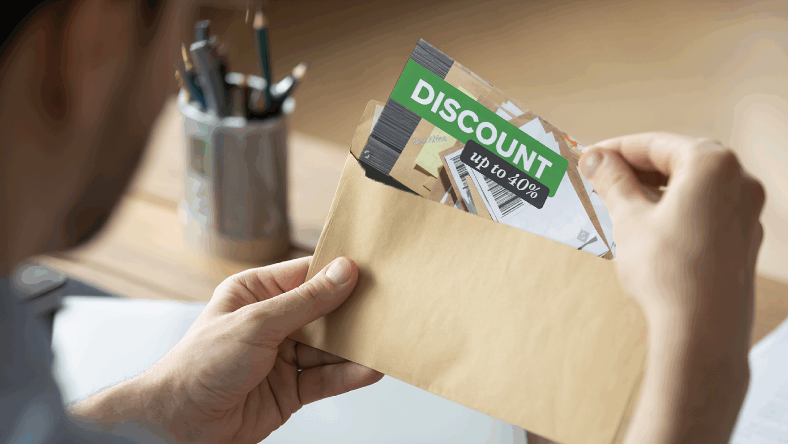 Hand opening an envelope with a promotional postcard that says discount