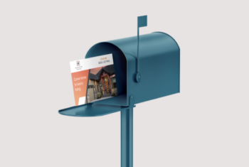 blue mailbox with a direct mail postcard inside