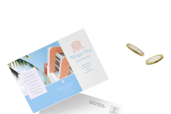 Postcard for a realtor with a home in the design with coins floating nearby the postcard. Postcard shows front and back of design