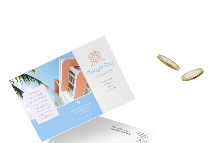 Postcard for a realtor with a home in the design with coins floating nearby the postcard. Postcard shows front and back of design