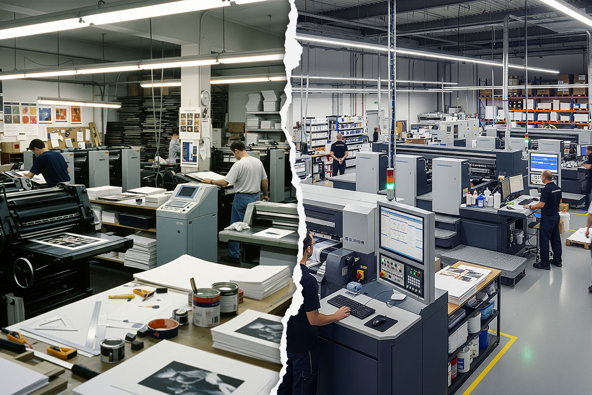 Image of a print manufacturing floor with the left half showing how it looked in 1998 and the right half showing how it looks now in 2025